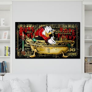 Rich Duck Canvas, Money Bath Duck Art, Cartoon Wall Art, Pop Art Canvas Design, Dollar Cartoon Print, Ready To Hang Decor, Funny Wall Art