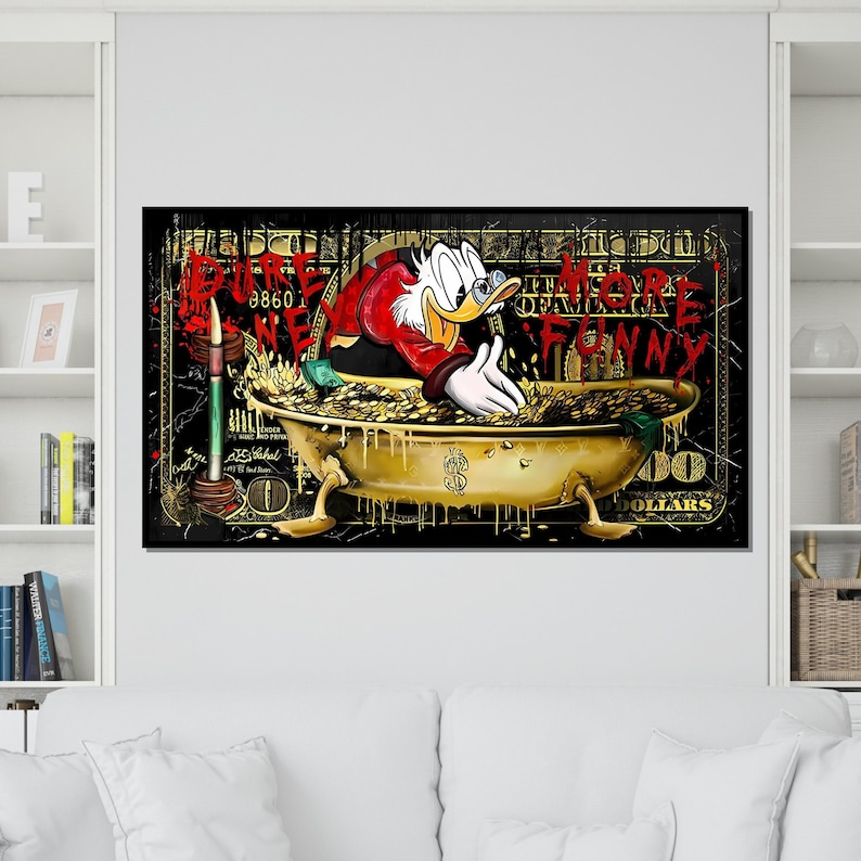 Rich Duck Canvas, Money Bath Duck Art, Cartoon Wall Art, Pop Art Canvas Design, Dollar Cartoon Print, Ready To Hang Decor, Funny Wall Art