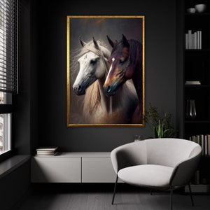Armonía en contrastes, arte de pared de lienzo de elegancia ecuestre, caballos gemelos en unidad, retrato majestuoso del dúo de caballos