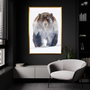 Arte de lienzo de oso susurrante del desierto, decoración serena inspirada en la naturaleza, majestuosa silueta de oso con escena del bosque