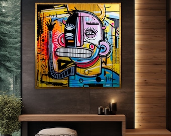 Abstract Robotic Graffiti Canvas, Colorful Urban Art Print, Modern Pop Culture Wall Art, Ready to Hang Street Mural Poster