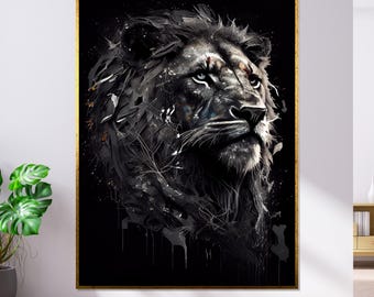Retrato abstracto de león, lienzo de animal en blanco y negro, cuadro enmarcado para pared.