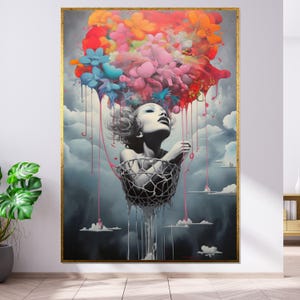 Dreamy Floral Burst Canvas Art, Surreal Woman Wall Print, Color Splash Wall Art, Artistic Canvas Design, Ready to Hang Decoration