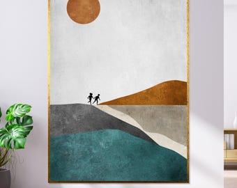 Abstract Hills, Silhouette Couple Canvas, Minimalist Art, Landscape Wall Art, Ready To Hang, Modern Decor, Sun and Journey Poster