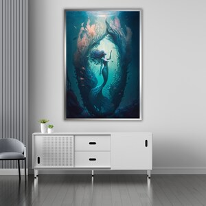 a painting of a mermaid swimming in the ocean