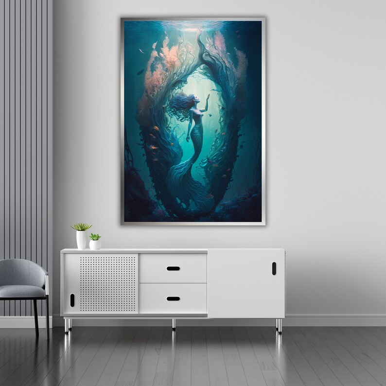 a painting of a mermaid swimming in the ocean