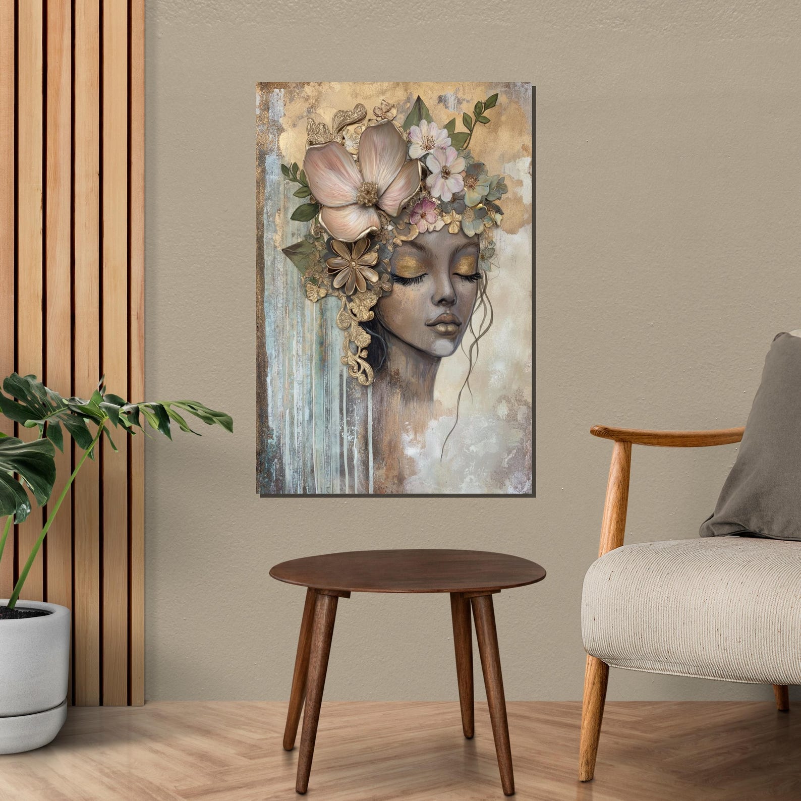 Floral Dreamer Canvas, Ethereal Woman Portrait, Flower Crown Wall Art ...