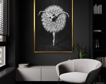 Monochrome Dandelion Dance Canvas, Ballerina&#39;s Poise Wall Art, Black and White Ballet Elegance, Ready to Hang Dance Artistry