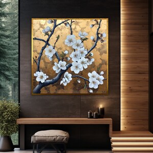 ゴールデンブルーム：キャンバスウォールアート、プリントアート 春の優雅さのキャンバス、桜の静寂のアート、金色の自然のタッチ、すぐに掛けられます