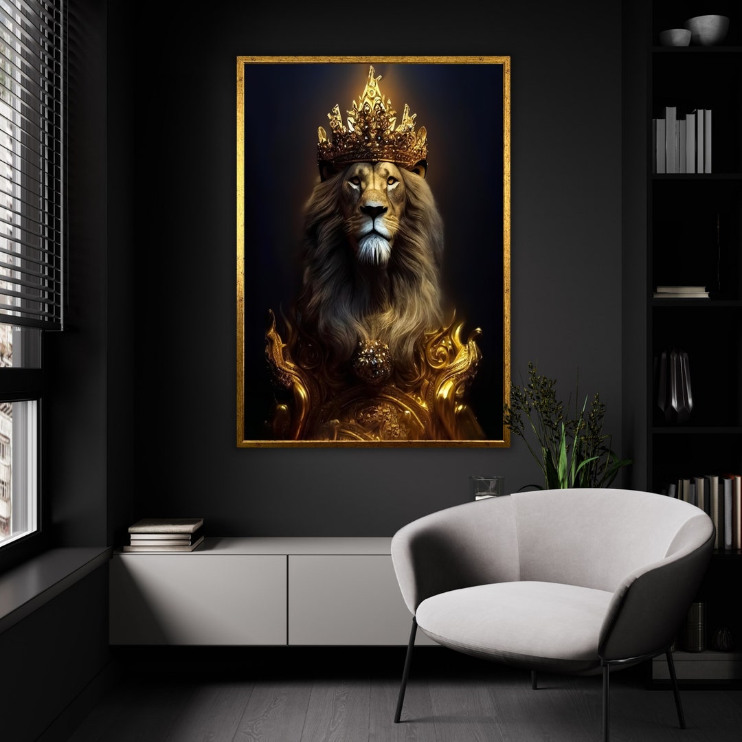 Regal Lion King Canvas, Majestic Animal Art, Royal Gold Crown Decor ...