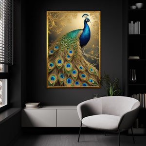Lienzo de opulencia de pluma real, arte de pared de majestuosidad de pavo real adornado, elegancia de plumas doradas, decoración de lujo lista para colgar
