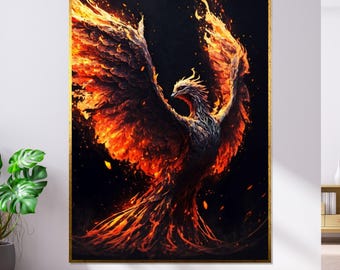 May include: A framed artwork depicts a phoenix in fiery hues of orange and red against a dark background. The mythical bird is shown with outstretched wings, its feathers ablaze. The artwork is encased in a gold-colored frame, adding a touch of elegance.