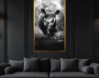 Stampa su tela di un maestoso rinoceronte, opera d'arte murale con animali in bianco e nero