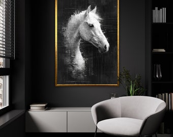 Digital Equine Essence Canvas, Pixelated Horse Beauty Wall Art, Monochromatic Cyber Steed, Ready to Hang Modern Decor