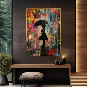 Colorful Umbrella Girl, Silhouette Canvas Art, Street Art Style, Wall Art Canvas Design, Ready to Hang Decoration
