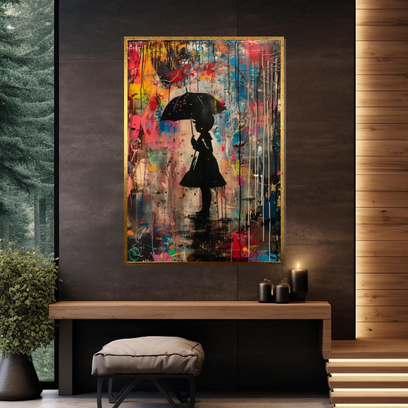 Colorful Umbrella Girl, Silhouette Canvas Art, Street Art Style, Wall Art Canvas Design, Ready to Hang Decoration