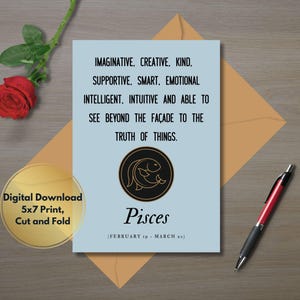 Birthday Card Zodiac Sign &quot;PISCES&quot; Birthday February 19 to March 20-with Printable Envelop/Digital File/Simple/Minimalist/Card For Him/Her