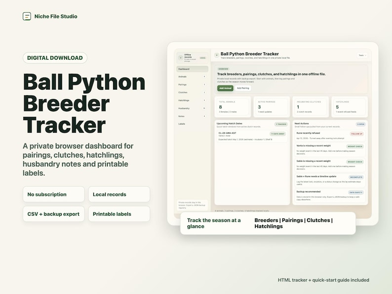 May include: Digital download of a Ball Python Breeder Tracker dashboard. The interface displays data for breeders, pairings, clutches, and hatchlings. Features include no subscription, local records, CSV export, and printable labels.