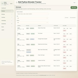 May include: Screenshot of a "Ball Python Breeder Tracker" application interface. The screen shows a table of animal records, including names, statuses, and morphs. The interface includes search filters and action buttons for each animal record.