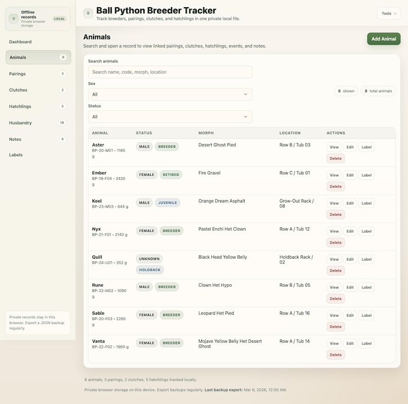 May include: Screenshot of a "Ball Python Breeder Tracker" application interface. The screen shows a table of animal records, including names, statuses, and morphs. The interface includes search filters and action buttons for each animal record.