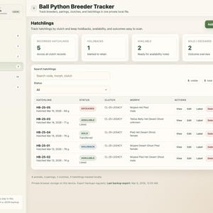 May include: Screenshot of a web application called "Ball Python Breeder Tracker." The interface shows data on hatchlings, including recorded hatchlings, holdbacks, and availability. Data is organised in a table with columns for hatchling ID, status, clutch, and morph.