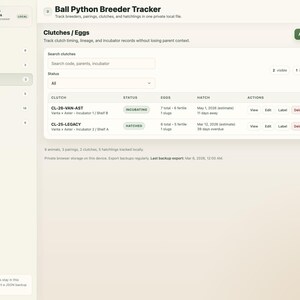 May include: Screenshot of a "Ball Python Breeder Tracker" interface. The screen shows a list of clutches with details like status, eggs, and hatch dates. The interface includes options to search, add clutches, and view records.