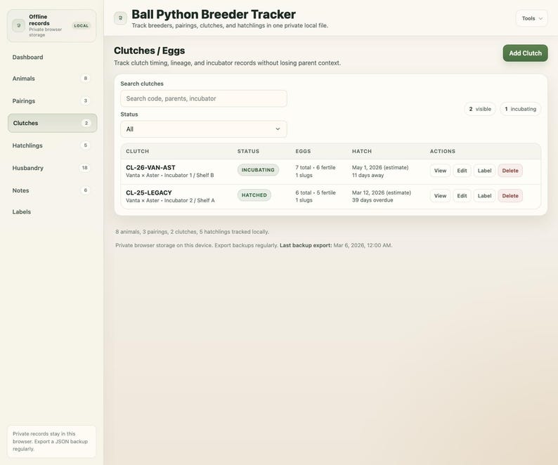 May include: Screenshot of a "Ball Python Breeder Tracker" interface. The screen shows a list of clutches with details like status, eggs, and hatch dates. The interface includes options to search, add clutches, and view records.
