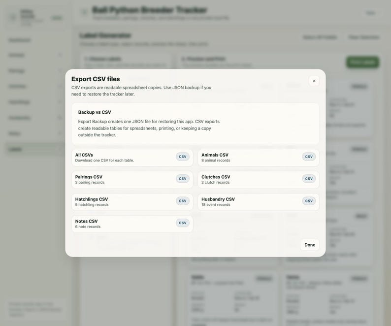 May include: A digital interface screenshot titled "Export CSV files." It shows options to export data in CSV format, including "All CSVs," "Pairings CSV," "Hatchlings CSV," "Notes CSV," "Animals CSV," "Clutches CSV," and "Husbandry CSV."