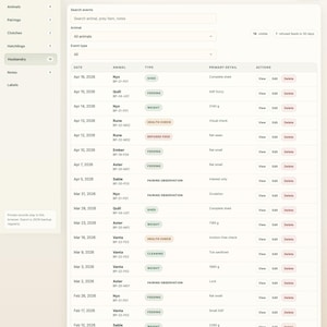 May include: Screenshot of a digital application, "Ball Python Breeder Tracker," showing husbandry events. The interface displays a table with dates, animal names, event types, and details like feeding, shedding, and weight in grams. The app tracks breeders, pairings, clutches, and hatchlings.