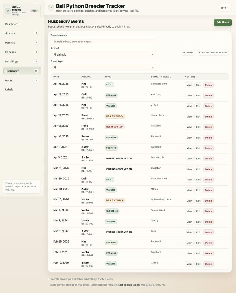 May include: Screenshot of a digital application, "Ball Python Breeder Tracker," showing husbandry events. The interface displays a table with dates, animal names, event types, and details like feeding, shedding, and weight in grams. The app tracks breeders, pairings, clutches, and hatchlings.