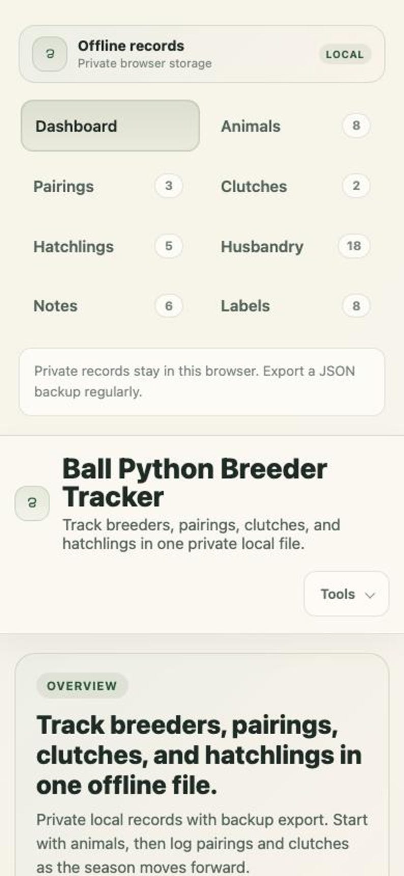 May include: Mobile app interface for tracking ball python breeding, showing options for dashboard, pairings, clutches, hatchlings, and husbandry. The app also features offline records and a tools section. Measurements are not applicable.