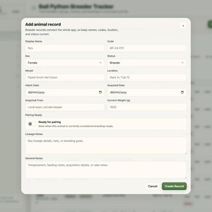 May include: Screenshot of a digital form titled "Add animal record" for a Ball Python Breeder Tracker app. The form includes fields for display name, code, sex, morph, hatch date, acquired from, and current weight. The "Create Record" button is visible.