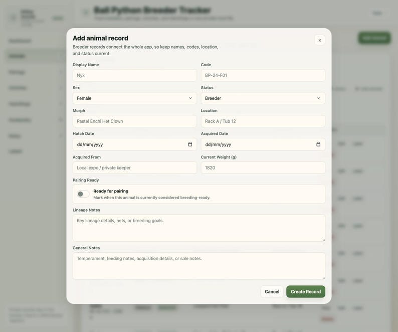 May include: Screenshot of a digital form titled "Add animal record" for a Ball Python Breeder Tracker app. The form includes fields for display name, code, sex, morph, hatch date, acquired from, and current weight. The "Create Record" button is visible.