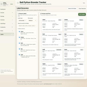 May include: A Ball Python Breeder Tracker interface with a white background. The interface includes options for label generation, preview, and printing. Data includes animal names, morphs, weights, and locations.