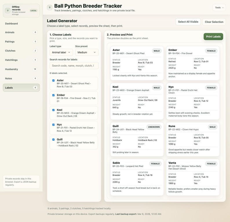 May include: A Ball Python Breeder Tracker interface with a white background. The interface includes options for label generation, preview, and printing. Data includes animal names, morphs, weights, and locations.