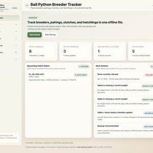May include: Screenshot of a "Ball Python Breeder Tracker" dashboard. The interface displays data on animals, pairings, clutches, and hatchlings. Key metrics include total animals, active pairings, incubating clutches, and hatchlings, along with upcoming hatch dates and next actions.