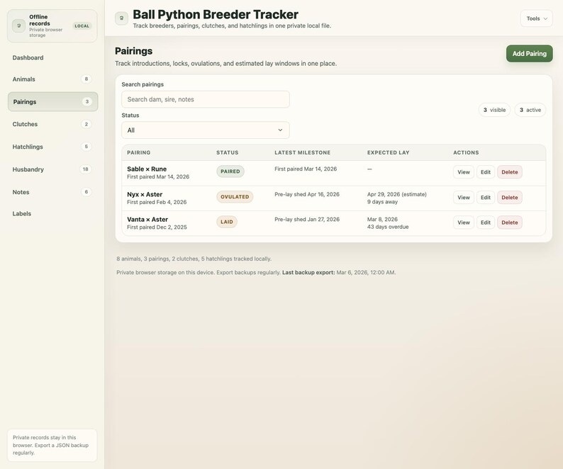 May include: A screenshot of a "Ball Python Breeder Tracker" interface. It shows a list of pairings, displaying statuses such as "Paired," "Ovulated," and "Laid." The interface includes search functions and options to view, edit, or delete entries.