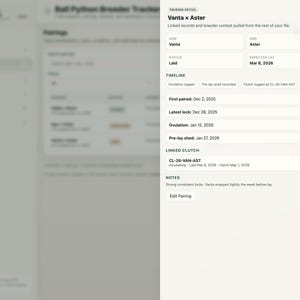 May include: A screenshot of a breeder tracker showing pairing details for Vanta x Aster. The status is "Laid" with an expected lay date of March 8, 2026. Timeline details include ovulation, pre-lay shed, and clutch information.