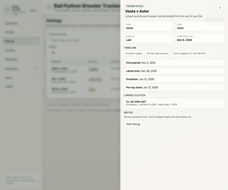 May include: A screenshot of a breeder tracker showing pairing details for Vanta x Aster. The status is "Laid" with an expected lay date of March 8, 2026. Timeline details include ovulation, pre-lay shed, and clutch information.