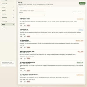 May include: Screenshot of a Ball Python Breeder Tracker interface. The screen shows notes on breeders, pairings, clutches, and hatchlings. Includes search options, categories, and detailed entries with dates and descriptions.