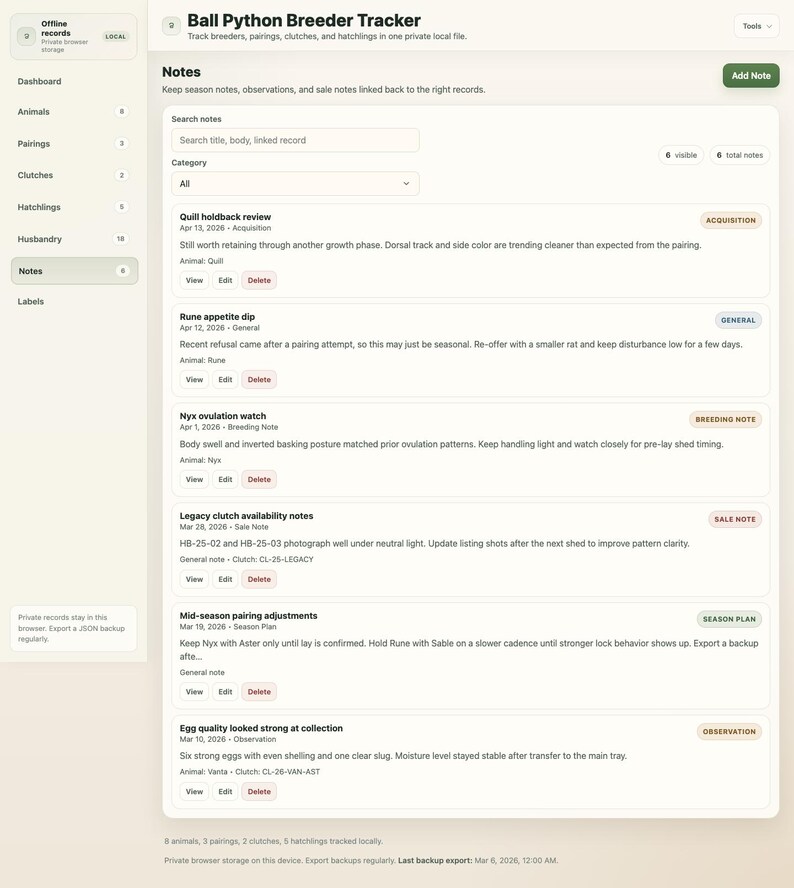 May include: Screenshot of a Ball Python Breeder Tracker interface. The screen shows notes on breeders, pairings, clutches, and hatchlings. Includes search options, categories, and detailed entries with dates and descriptions.