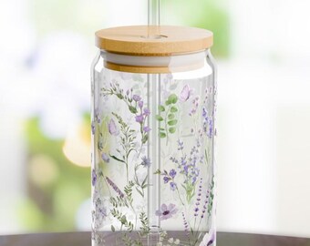 Dainty Purple Wildflower Iced Coffee Cup with Butterflies and Dragonflies Girly Flower Sipper Glass with Straw Gift for Her