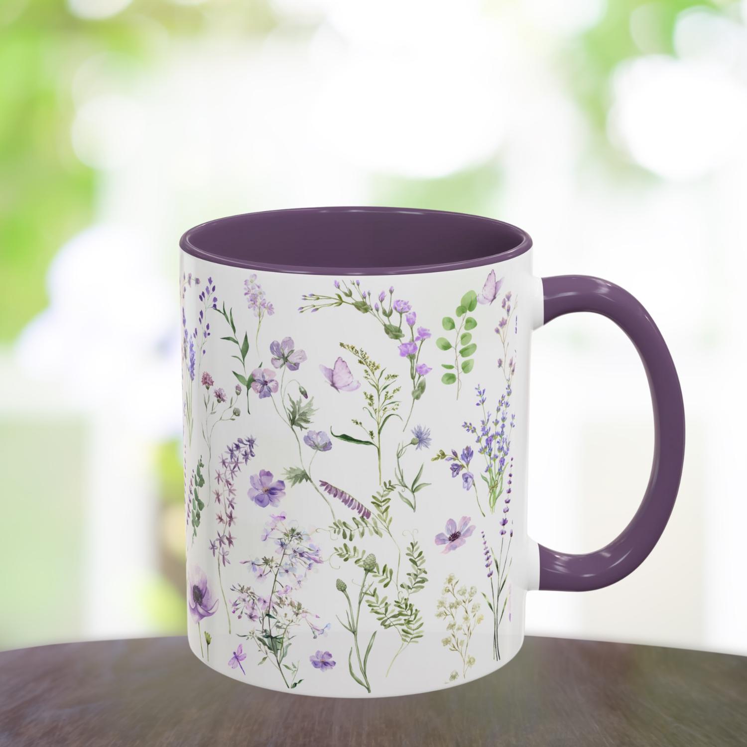Dainty Purple Wildflower Accent Mug with Butterflies and Dragonflies Girly Flower Coffee Cup for Her