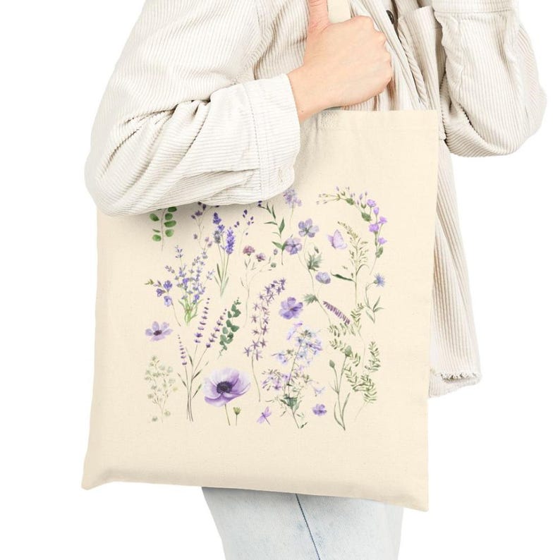 Purple Wildflower Cotton Canvas Tote Bag with Butterflies Pretty Dainty Flower Bag image 2