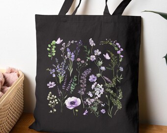 Purple Wildflower Cotton Canvas Tote Bag with Butterflies Pretty Dainty Flower Bag