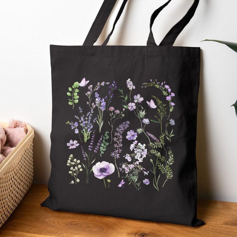 Purple Wildflower Cotton Canvas Tote Bag with Butterflies Pretty Dainty Flower Bag image 1