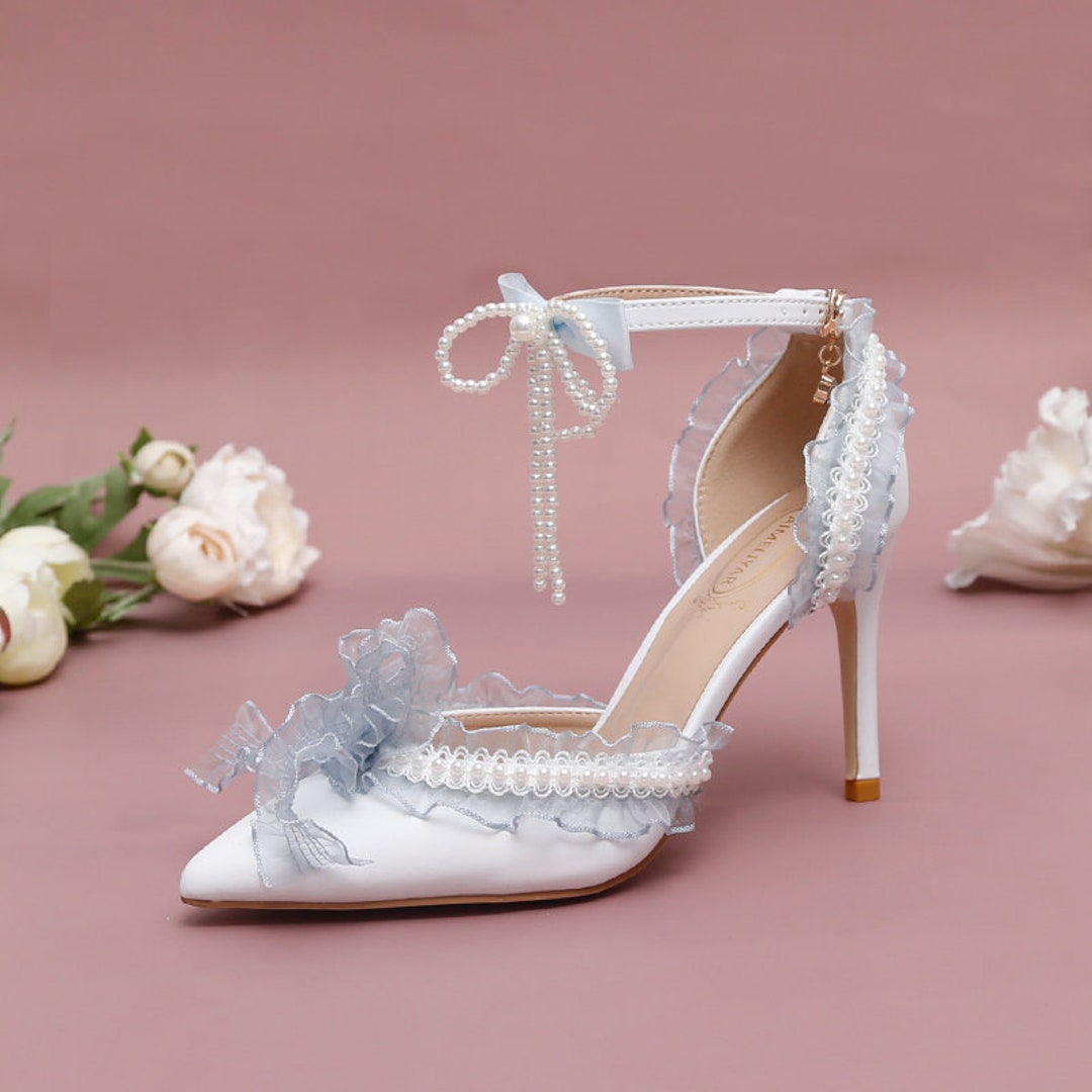 Light Blue Ribbon High Heels With Bow Pearls Prom Gown Marie Etsy