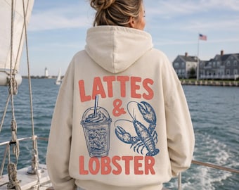 Lattes & Lobster Boston Hooded Sweatshirt, Cute Boston Hoodie Gift, Cape Cod Massachusetts Sweater, Nantucket Pullover, East Coast Hoody