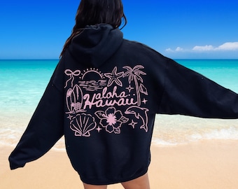 Aloha Hawaii Sweatshirt Hoodie, Hawaiian Hibiscus Sweater, Vacation Style Hooded Sweatshirt, Surf Hoodie for Hawai, Summer Surfing Girl Gift