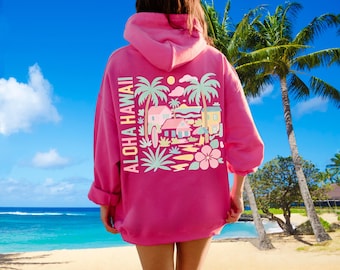 Aloha Hawaii Hoodie, Hawaiian Hooded Sweatshirt, Tropical Island Hoodie, Coconut Girl Sunset Hoodie, Vacay Girl Trip Gift, Hibiscus Flower
